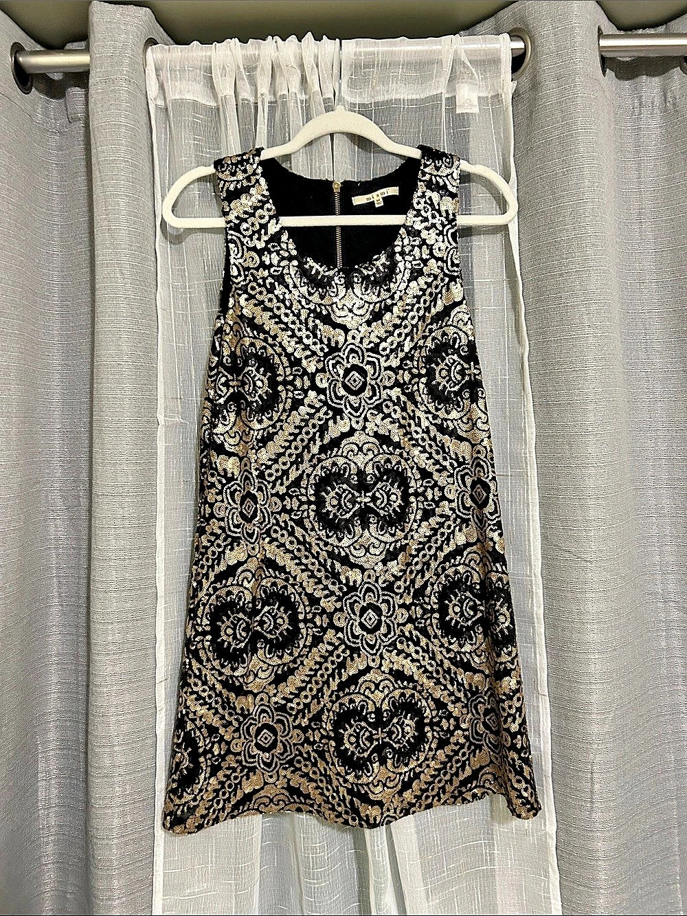 miami Mini Dress in Black & Gold Size Medium Like New